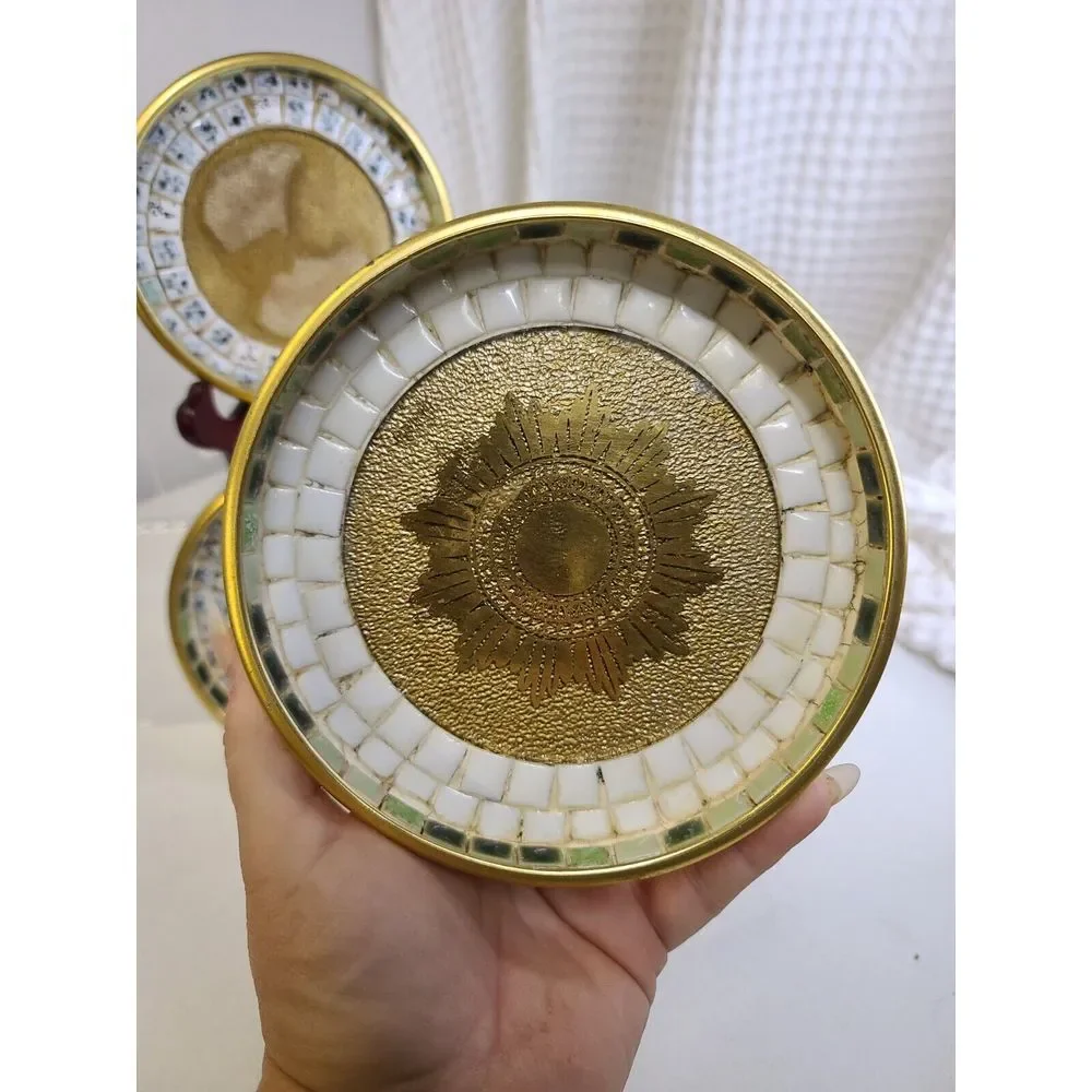 Nesting Set MCM Mosaic Tile Coasters NUT‎ DISH Ashtrays Lynn Paulin Gold Gilt - Picture 2 of 11